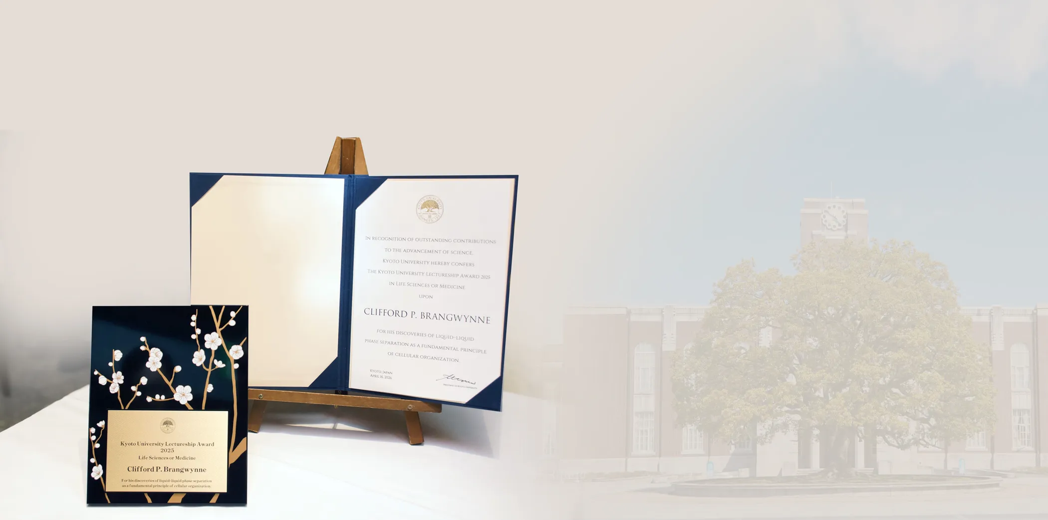 Award certificate box and flowers with Kyoto University campus